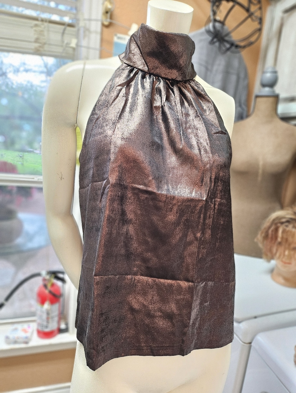 New W Tag Banana Republic Metallic Bronze Amber Sleeveless High Collar Blouse S